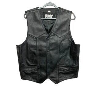 FMC Motorcycle Leather Vest Mens Size 44 Black Snap Front Pockets Lined